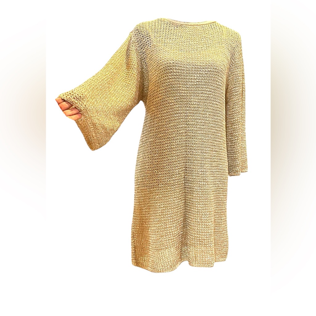 Nwt Zara Women’s Knit Gold Metallic Thread Mini Dress Medium Cotton Blend Gold